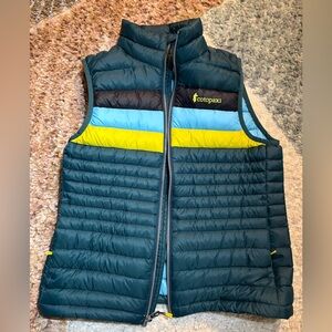Like New Cotopaxi Down Teal Puffer Vest with Black, Blue and Yellow Stripes